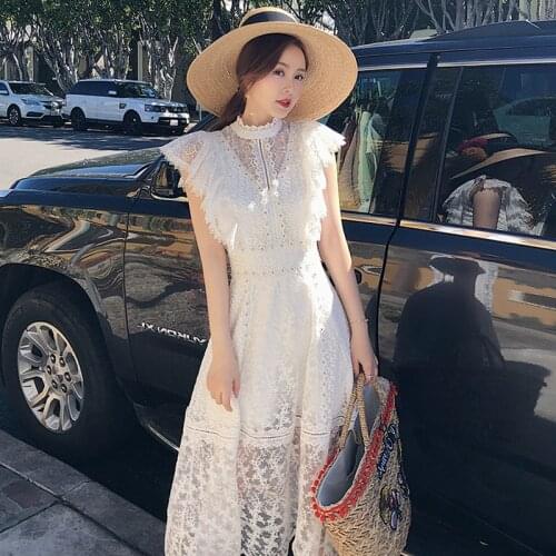 White Lace Dress Party Cute Women Butterfly Sleeve Elegant Flower Embroidery Pearls Long Dresses Slim Hollow Out Summer Dress