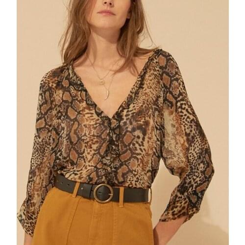 Women Shirt Fashionable Wild Animal Pattern Thin Section Small Ruffled V-neck Three-quarter Sleeve Top Loose Comfortable Shirt