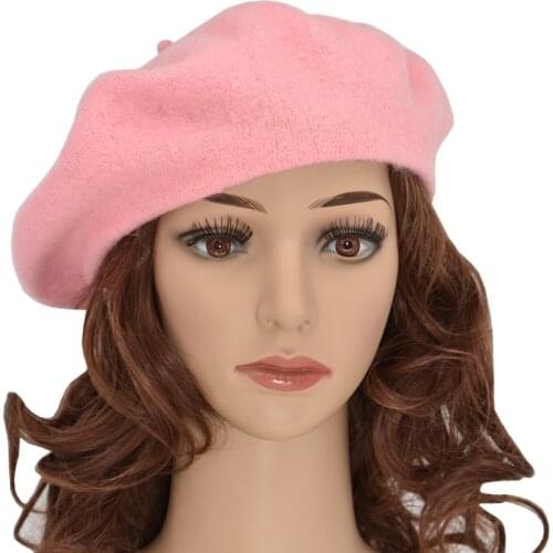 DOUBCHOW Womens Light Weight Artist French Style Beret Hats Teenage Girls Wool Blending Solid Color Pink Purple Baret Flat Hat