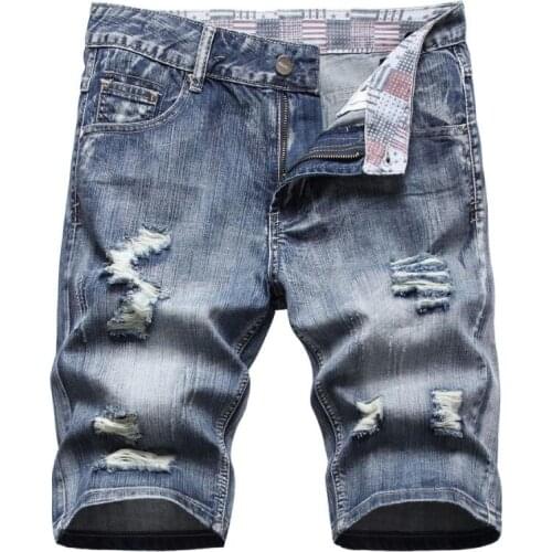 Summer Holes Denim Shorts Jeans For Men High Quality Man Cotton Straight Fit Shorts Jeans Light Blue Jeans Shorts Size 42