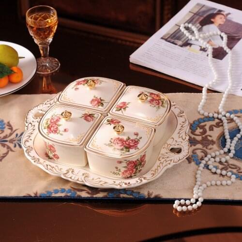 European Ceramic dry fruit tray divided fruit tray with cover nut melon seed tray candy dry fruit box living room fruit tray