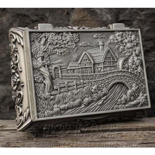 Exquisite old chinese tibet silver copper carved home bridge Trinket/jewel box