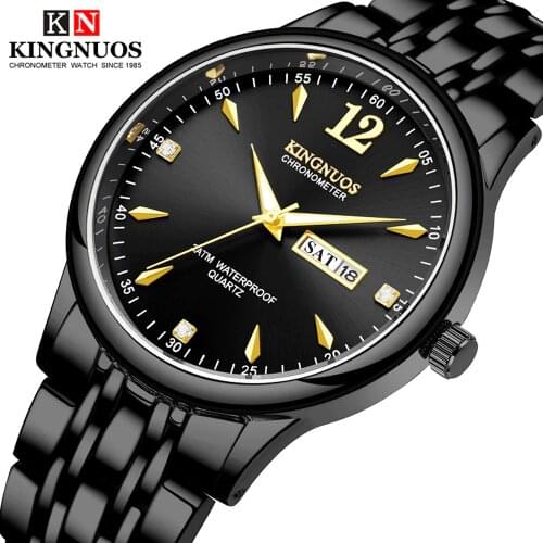 Kingnuos Quartz Wrist Watch for Men Clock Stainless Steel Waterproof Digital Watches Date Week Erkek Kol Saati Black Mens Watch