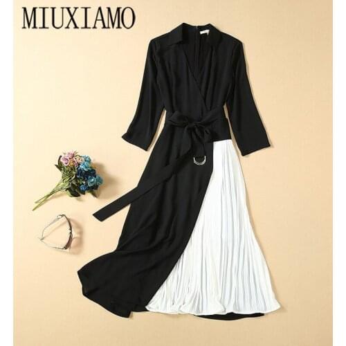 MIUXIMAO Luxurious 2020 Fall Dress Women Party Dress Solid Thin Office Lady Casual Dress Women Vestidos With Belt