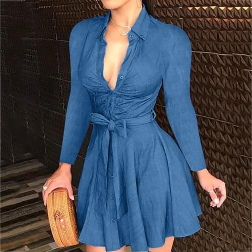 Autumn Long Sleeve Lace-up Buttons Casual Shirt Dress Women Casual Turn Down Collar Mini Dress Button A Line Office Vestidos 4