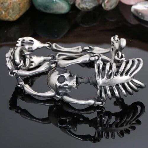 Punk Rock Skull Skeleton Bracelet Homme Men Matte Brushed Silver Stainless Steel Heavy Biker Jewelry Link Chain Mens Bracelets