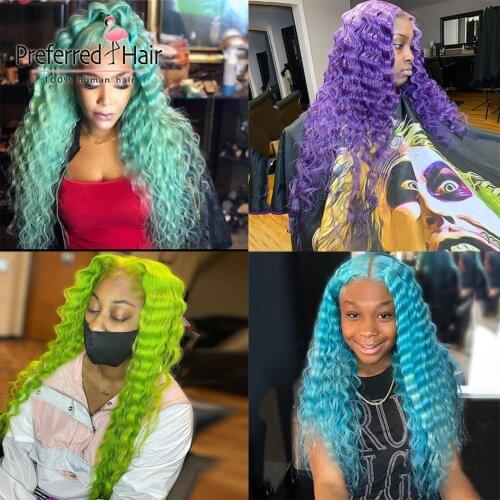 Preferred Lemon Green Purple Deep Wave Wig Sky Blue Pre Plucked 13x4 Lace Front Wig Brazilian Remy Human Hair Wigs for Women