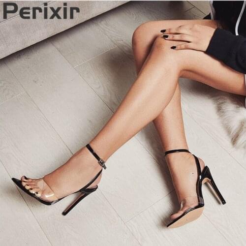 Perixir Fashion Womens Shoes Jelly Sandals Peep Toe Chunky High Heels Transparent PVC Heel Buckle Clear Heel Ankle-Wrap Sandals