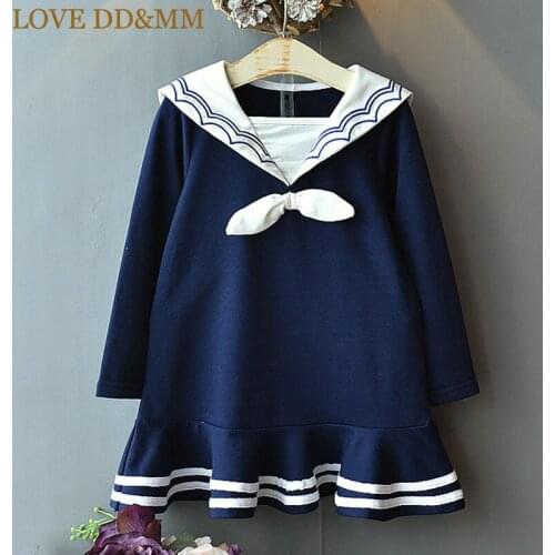 LOVE DD&MM Girls Dresses 2021 Autumn New Childrens Clothing Girls Navy Long Sleeves Fashion Bow Striped Fishtail Dress