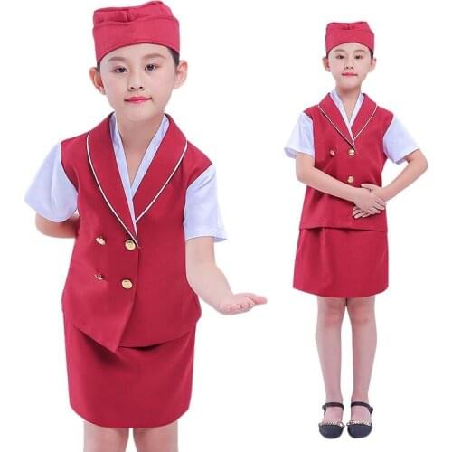 Kids Girls School Students Graduation Gown Children Stewardess Clothing Uniform Cosplay Dress Set Performance