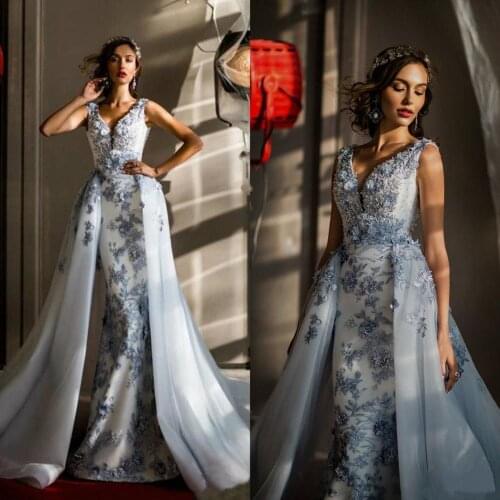 2021 Mermaid Prom Dresses Detachable Skirt Plunging Neck Lace 3D Appliqued Evening Gowns Plus Size Blue Formal Dress