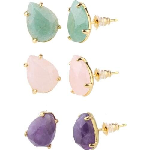 Gold Plated Facted Stone Stud Earrings Natural Teardrop Shape Stone with Bullet Back High Grade Stone Unique Design