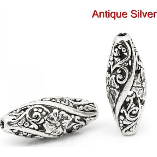 DoreenBeads Spacer Beads Oval Silver Color Flower Pattern Carved Hollow 26mm x 11mm,Hole:Approx 1.9mm,10PCs