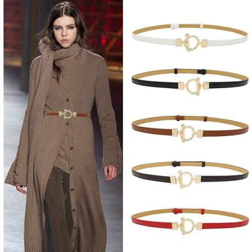 Round Buckle Ladies Dress Belt Adjustable PU Leather Thin Belts for Women Fashion Brown White Black Female Waistband