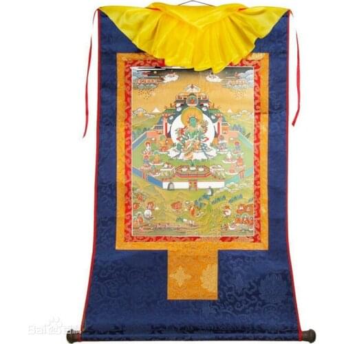 Tibetan Thang-ga Scroll Satin Painting Buddhist Porait gold Stamping Green Tara Hanging Thangka Figure of Buddha Free ship
