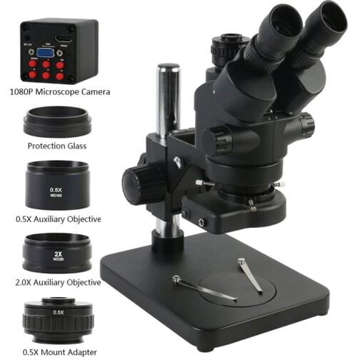 Simul Focal Continuous Zoom 3.5X-90X Trinocular Stereo Microscope SONY IMX307 1080P HDMI VGA Video Camera 144 LED Ring Light