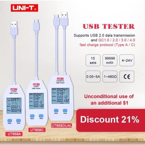 USB Tester UNI-T UT658A/C/DUAL Voltage and Current Monitors Volt Ampere Digital Product Charger Capacity Meter with Data Storage