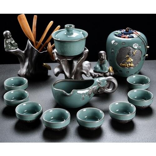 Vintage Chinese Tea Cup Set Porcelain Luxury Stone Mill Infuser Kung Fu Tea Set Ceremony Office Tetera Household Products DG50TS