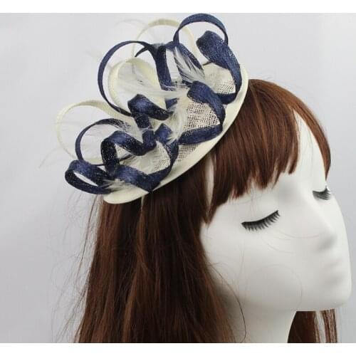 2017 Vintage Women Beige Navy Sinamay Feather Fascinator Headpiece Curling Linen Ladies Cocktail Banquet Sinamay Headwear