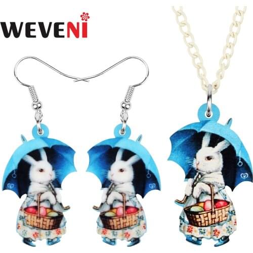 WEVENI Acrylic Anime Rabbit Bunny Balloon Basket Jewelry Sets Lovely Animal Earrings Necklace For Women Kids Lover Fashion Gift