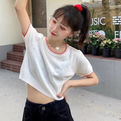 DAXIN Women Sexy Hollow Knit Summer T-Shirts Top O Neck Slim T Shirts Short Sleeve Casual Tee Top Female Crop Top Ladies Shirt