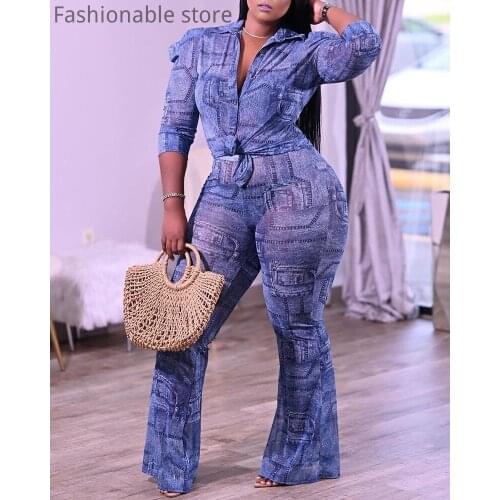 Women Print Turndown Collar Long Sleeve Casual Shirt & Flare Pants 2 Piece Set