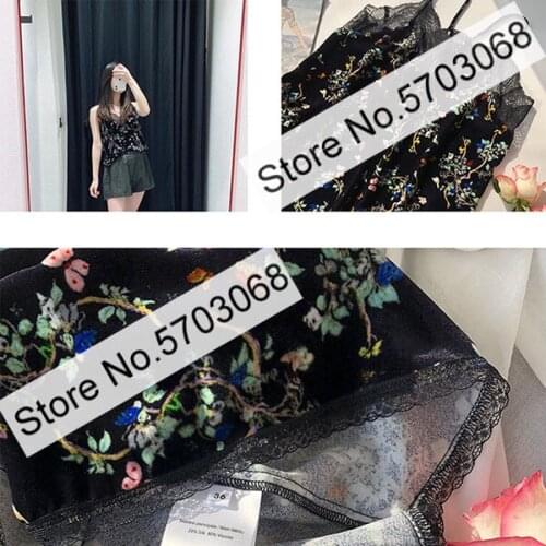 Women Lace Patchwork Silk Viscose Velvet Printing Strap Vest Top