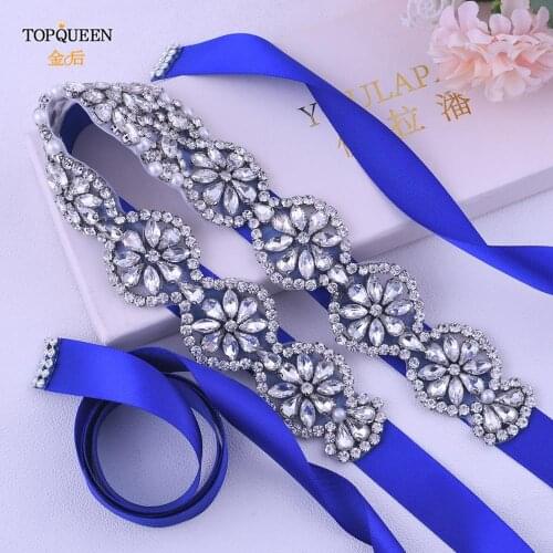 TOPQUEEN S161A Luxury Royal Bule Bridal Belts with Rhinestones Pearls Silver Belt for Women Dresses Jeweled Belts Female Belts