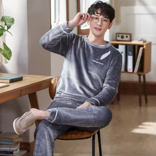 Winter Long Sleeve Pajamas For Men Thicken Flannel Sleepwear Suit 2 Pcs Pyjama Homme Warm Casual Home Clothing Pijama Hombre