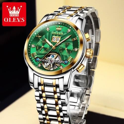 OLEVS Automatic Men Watch Tourbillon Self Winding Mechanics Luxury Business Stylish Stainless Steel Strap Luminous Waterproof Wa