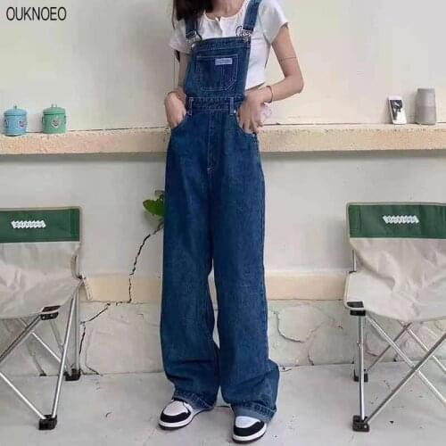 Womens Denim Overalls Korean Preppy Style Loose Multiple Pockets Fashion Summer Woman Denim Overalls Wide Leg Straps Jumpsuits