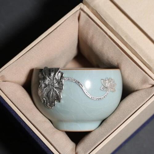 PINNY 85ML Silver Lotus Leaf Kung Fu Teacups Ceramic Pigmented Gift Box Master Cup Traditional Chinese Tea Bowl Drinkware