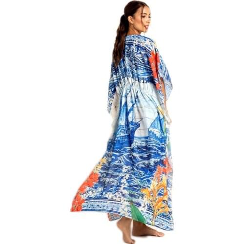 Ocean and Steamer Floral Print Kimono Viscose soft fabric Cardigan Bikini Covers Delicate designer Vintage Women New Beach Coat