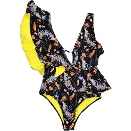 Bikini Suit 2021 Monokini Floral Print Deep V Neck Swimwear Women Sexy Ruffle One Piece Swimsuit Summer Bathing Suit Beach Wear