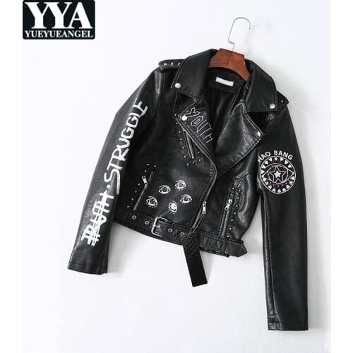 Punk Style Women Gothic Printed Pu Leather Jacket Rivet Faux Leather Motorcycle Coat Harajuku Biker Slim Fit Zip Casual Jacket