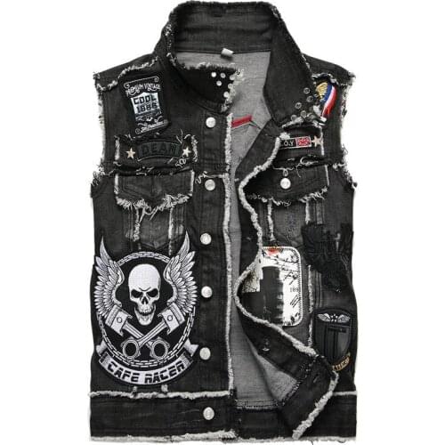 Punk Mens Denim Vest Black Skull Embroidery Denim Waistcoat Brand Slim Fit Sleeveless Jackets for Male