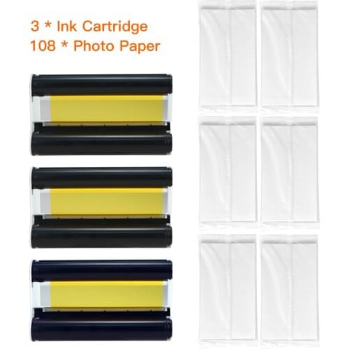 108 Sheets Photo Paper (4x6in) +Thermal Sublimation Photo Paper Set 108IN 3-Pack Color Ink Cartridge for Photo Printer