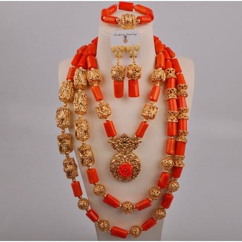 Handmade Orange Coral Necklace Jewelry Set Bridal Set Dubai Gold Nigerian Wedding African Beads Jewelry Set