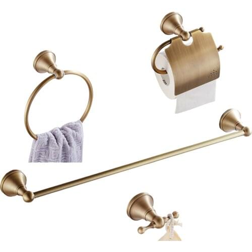 Leyden Wall Mounted 4pcs Bathroom Accessories Set Antique Brass Single Towel Bar Holder Toilet Paper Holder Towel Ring Robe Hook