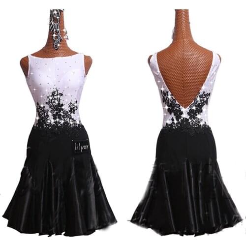 Latin Dance Dress For Women White vs Black Sleeveless Tango Dress Dance Party Host Singer Clothes Competition Latin Dress BL1887