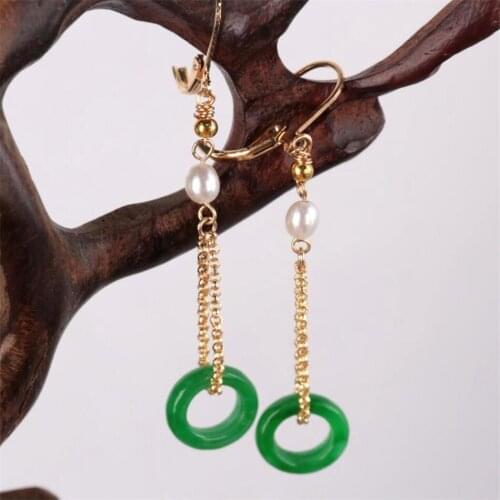 Natural Green jadeite Pearl Earrings Dangle 18KGP Chain Ms gift Jewelry Gift CARNIVAL Classic Beautiful Ear stud VALENTINES DAY