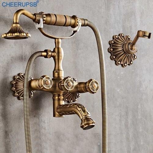 Bathroom Antique Brass Shower Set Wall Mounted Hand Shower System Retro Brushed Brass Bath Faucet Phone Mixer Gold Showers Taps