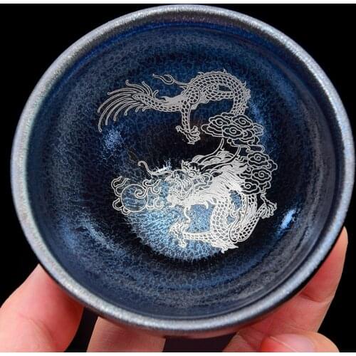 140ml Vintage Tea Cup Ceramic Pottery Tea Bowl Creative Puer Cups Master Teacup Silver Painting Teacups Decoration Craft Teaware