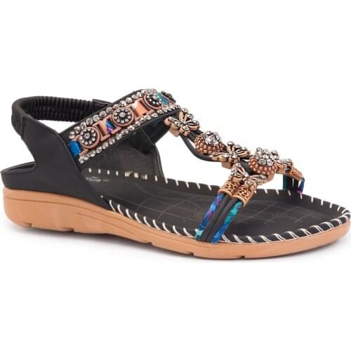 Gedikpasalı Guja 150 3 Black 2021 Summer Season Women Sandals Comfort Wedges Stone Beads Accessories Daily Use Beach Pool