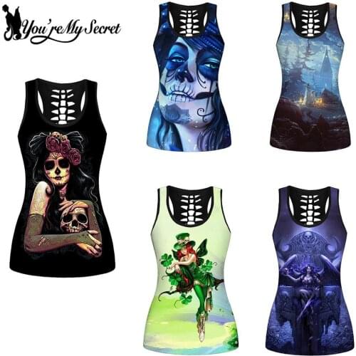[You're My Secret] Tank Top 3D Printing Skull Joker Girl Tank Top Summer Fashion Hollow Out Back Tanks Femeale Sleeveless Tops