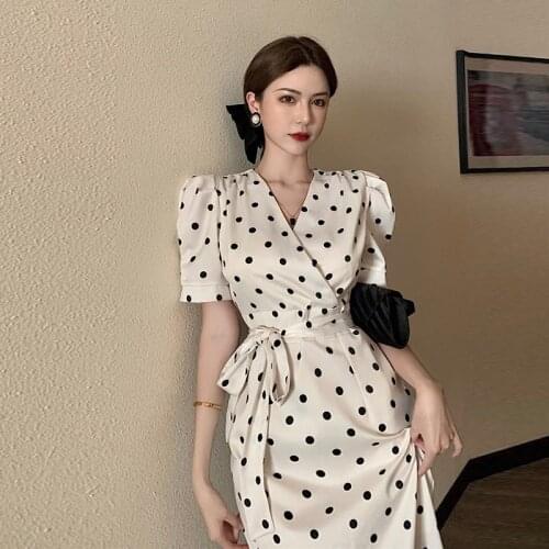 Womens Summer Dress Puff Sleeve Vintage Polka Dot Dress Fashion Dresses 2021 V-Neck Bandage Slim Plus Size Sundress Femininas