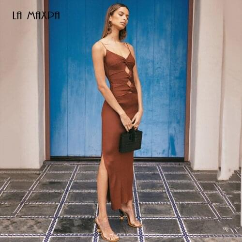 2021 Summer New WomenS Sexy Dark Blue V-Neck Strap Tight-Fitting Hollow Dress Tight-Fitting Celebrity Club Party Dress