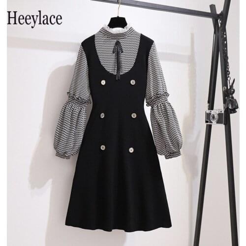 2020 autumn long sleeve patchwork A-line knitted dress women england vintage black party dresses for women vestidos