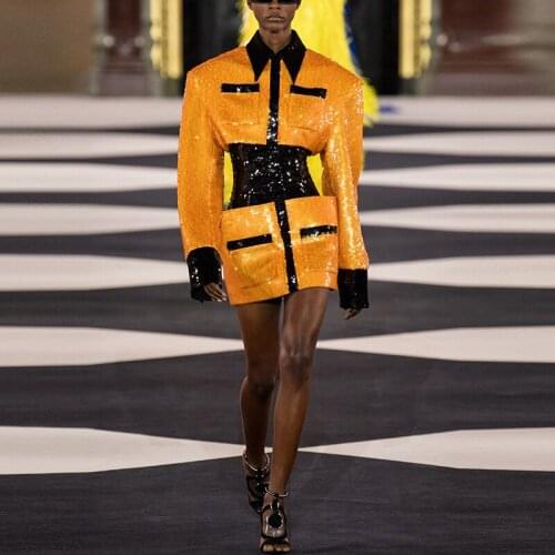 High Street Gold Yellow Sequined Dress 2020 Newest Wide Shoulder Temperament Evening Party Runway Mini Long Sleeve Women Dress