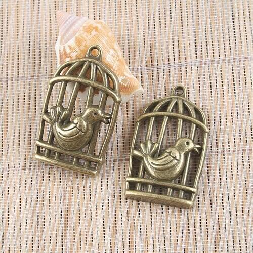 4pcs antiqued bronze color bird and bird cage charms H0006